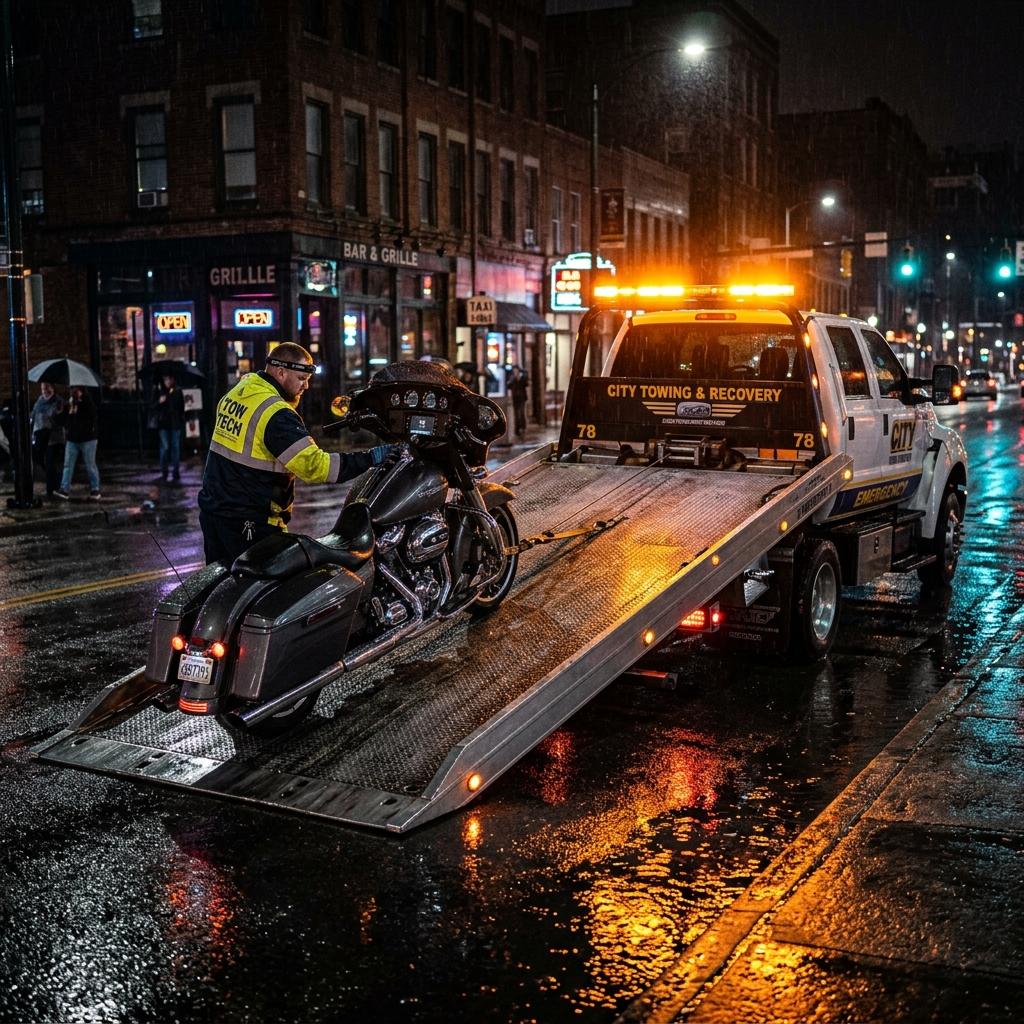 Gece yol kenarında kalan motosikletin çekiciye yüklenme anı.