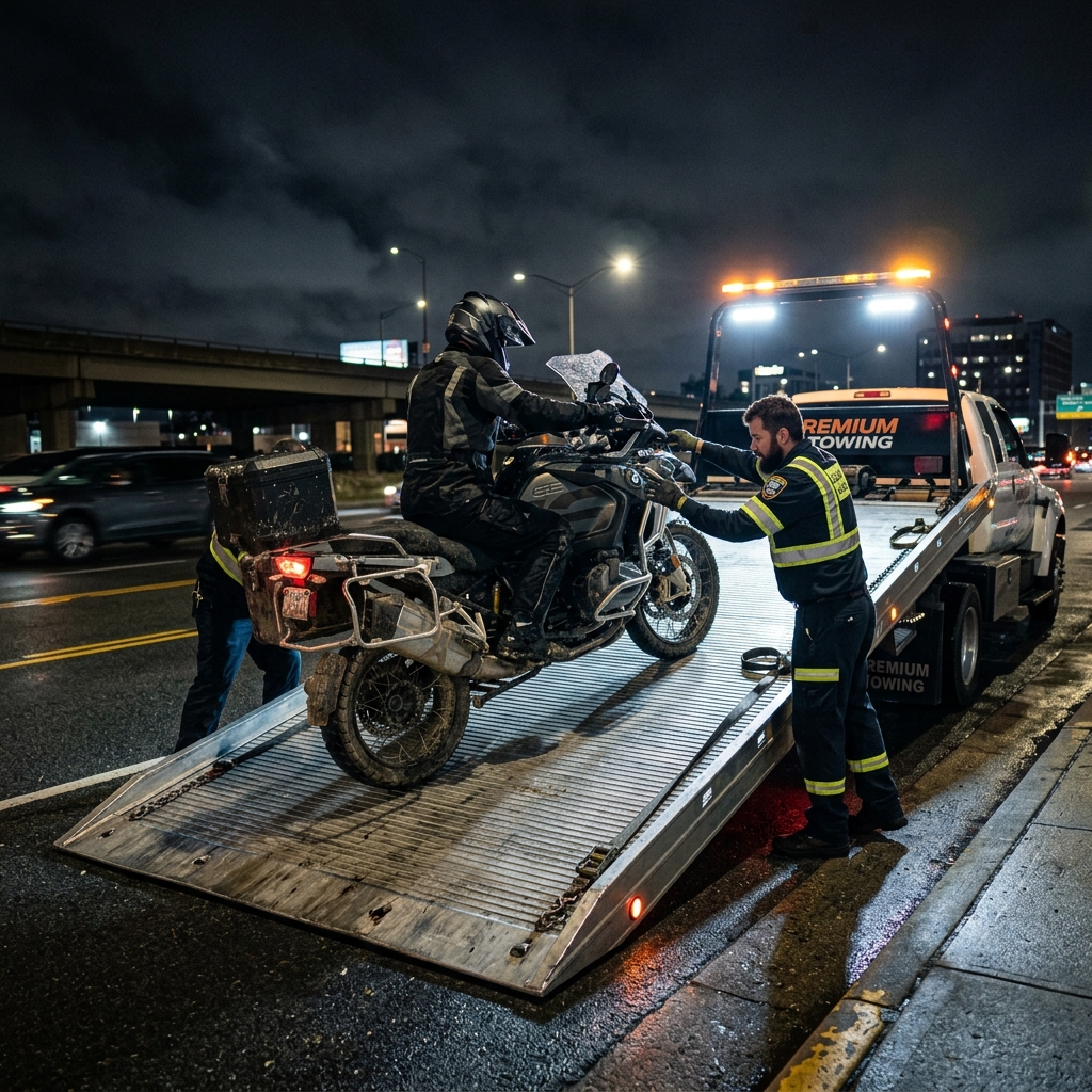 Büyük hacimli premium adventure motosikletin profesyonel çekici üzerinde taşınması.