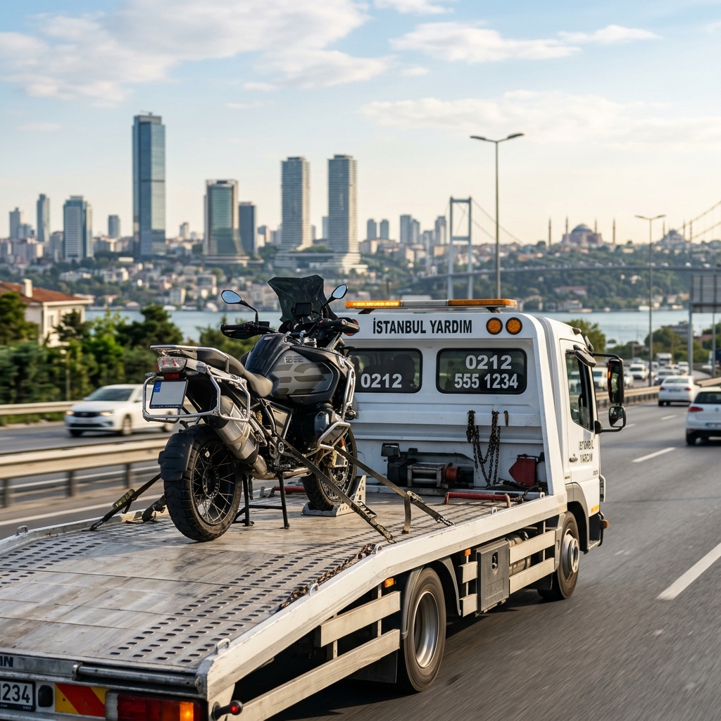 Çekici üzerinde güvenle taşınan motosiklet ve arka planda İstanbul şehir hattı.