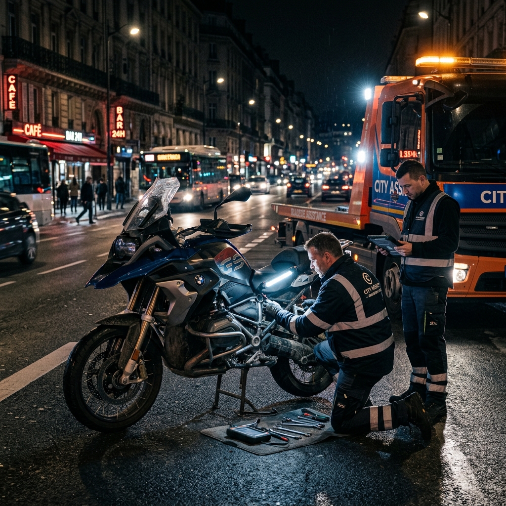 Gece şehir içinde yolda kalmış motosiklet ve kontrollü yardım ışıkları.