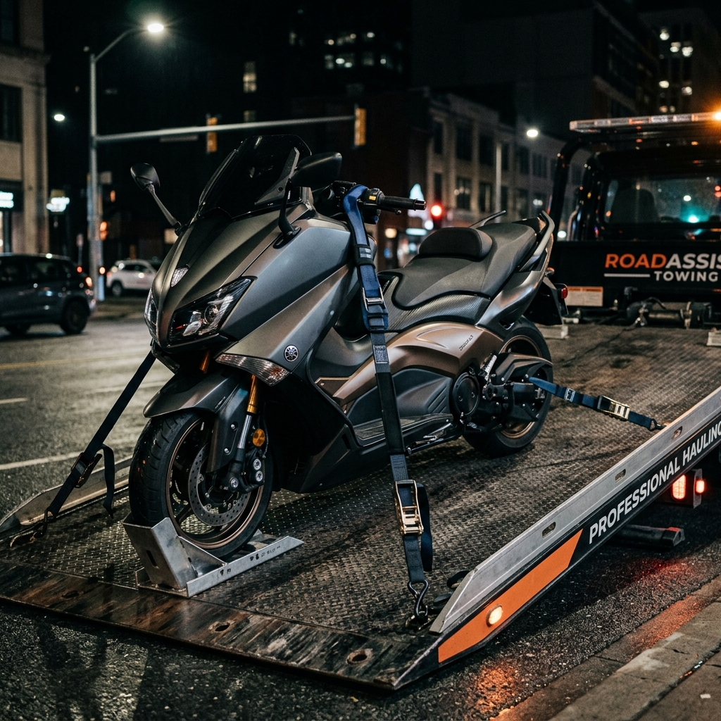 Premium bir maxi scooter’ın çekiciye güvenli şekilde sabitlenmesi.